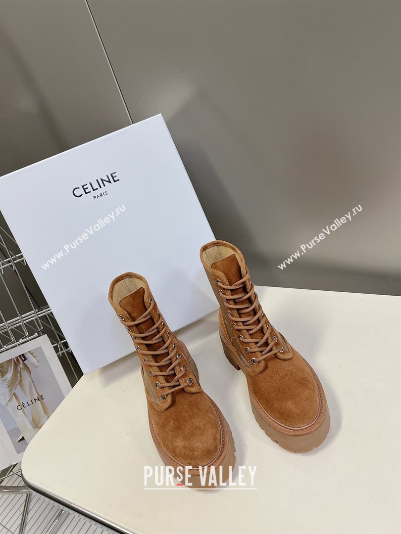 Celine Laced-up Platform Ankle Boots 5cm in Canvas and Calfskin Brown 2025 CE102402 (MD-251024046)