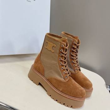 Celine Laced-up Platform Ankle Boots 5cm in Canvas and Calfskin Brown 2025 CE102402 (MD-251024046)