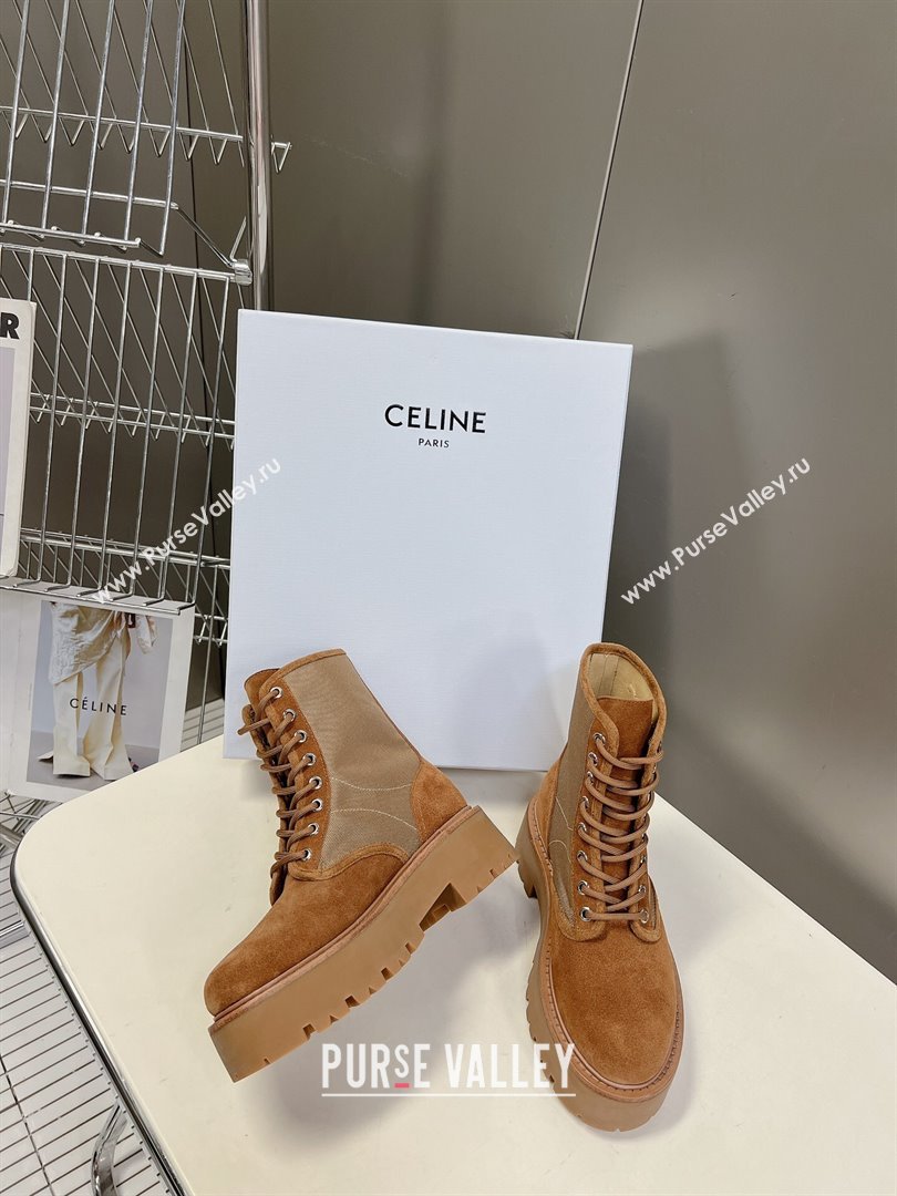 Celine Laced-up Platform Ankle Boots 5cm in Canvas and Calfskin Brown 2025 CE102402 (MD-251024046)