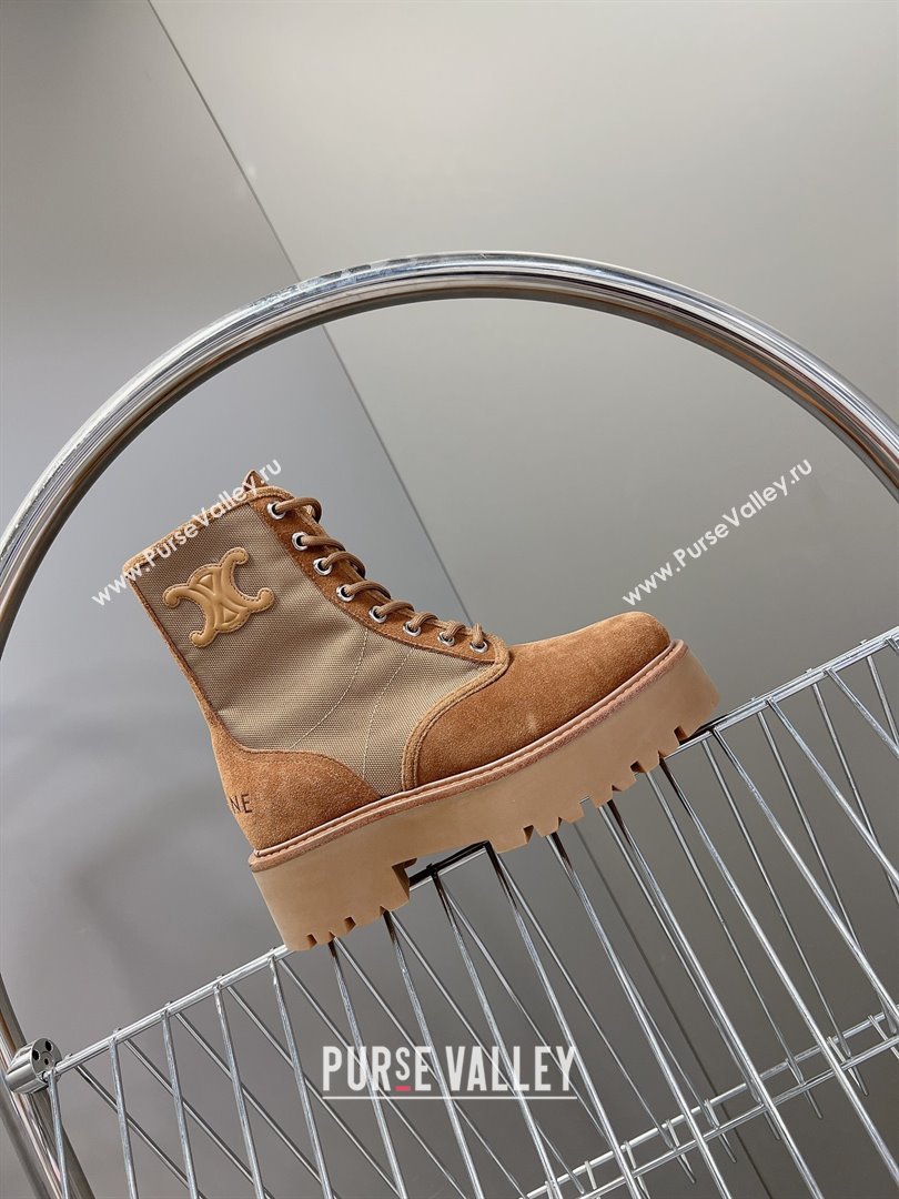 Celine Laced-up Platform Ankle Boots 5cm in Canvas and Calfskin Brown 2025 CE102402 (MD-251024046)