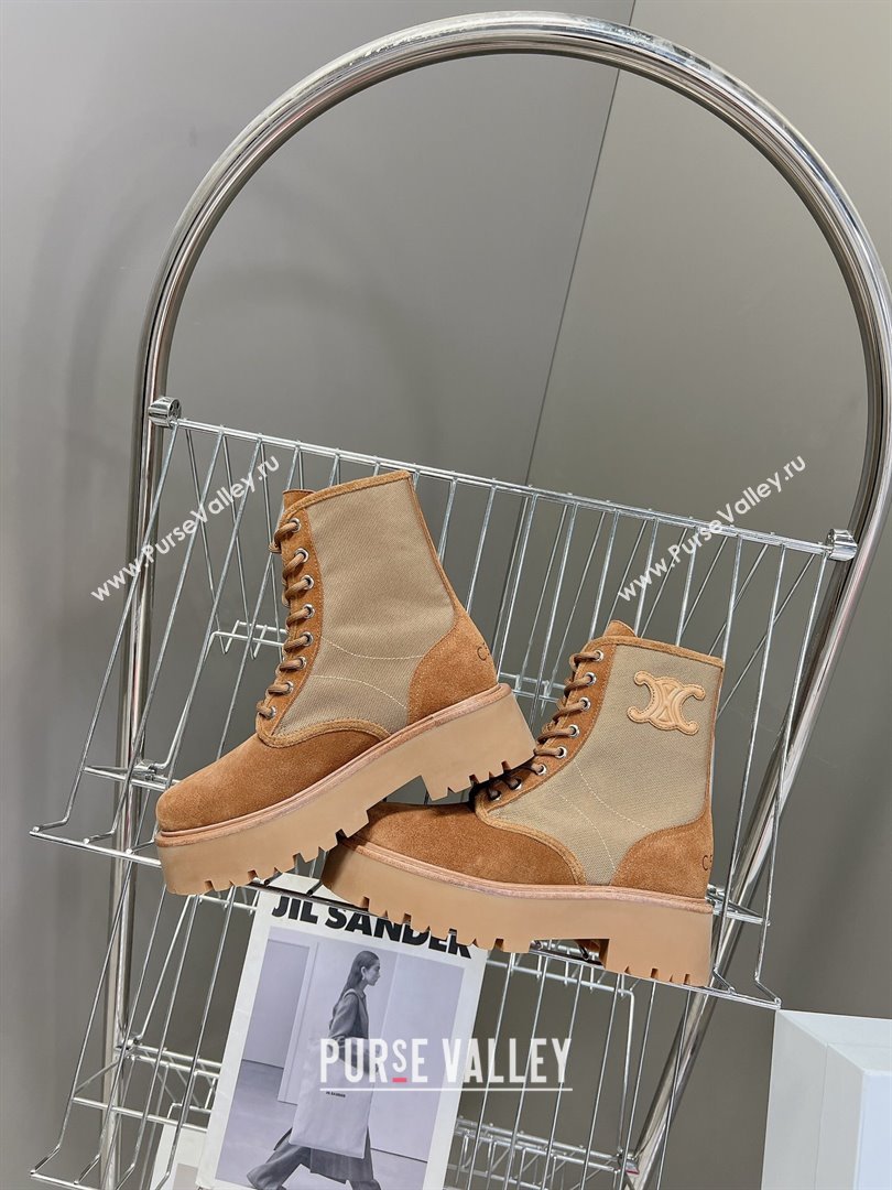 Celine Laced-up Platform Ankle Boots 5cm in Canvas and Calfskin Brown 2025 CE102402 (MD-251024046)