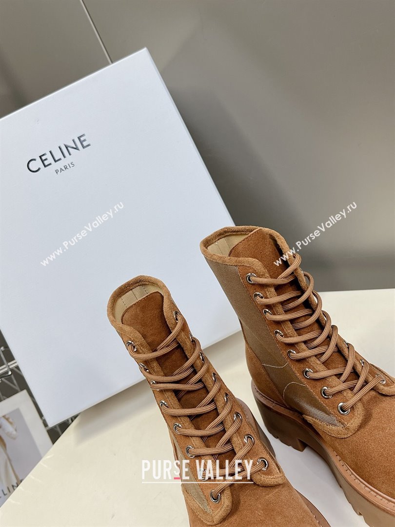 Celine Laced-up Platform Ankle Boots 5cm in Canvas and Calfskin Brown 2025 CE102402 (MD-251024046)