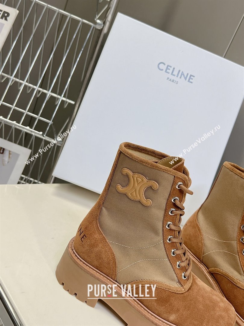Celine Laced-up Platform Ankle Boots 5cm in Canvas and Calfskin Brown 2025 CE102402 (MD-251024046)