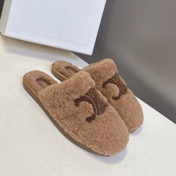 Celine Georgia Flat Slides Sandal in Shearling Tan Brown 2025 1024 (MD-251024069)