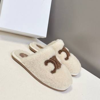 Celine Georgia Flat Slides Sandal in Shearling White 2025 1024 (MD-251024070)