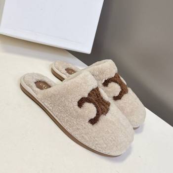 Celine Georgia Flat Slides Sandal in Shearling Light Grey 2025 1024 (MD-251024068)