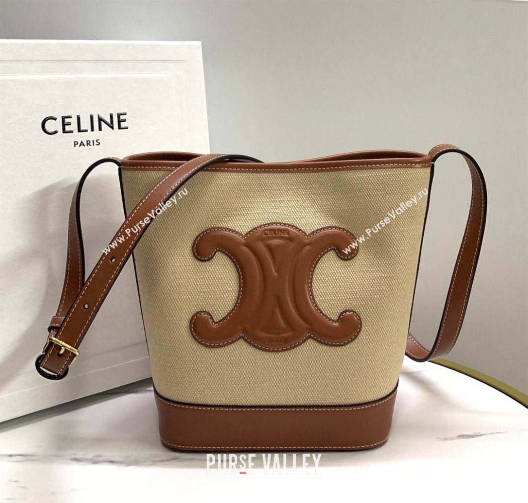 Celine Small Bucket Cuir Triomphe Bag in Textile and Calfskin 198242 Beige/Brown 2025 (BL-251124049)