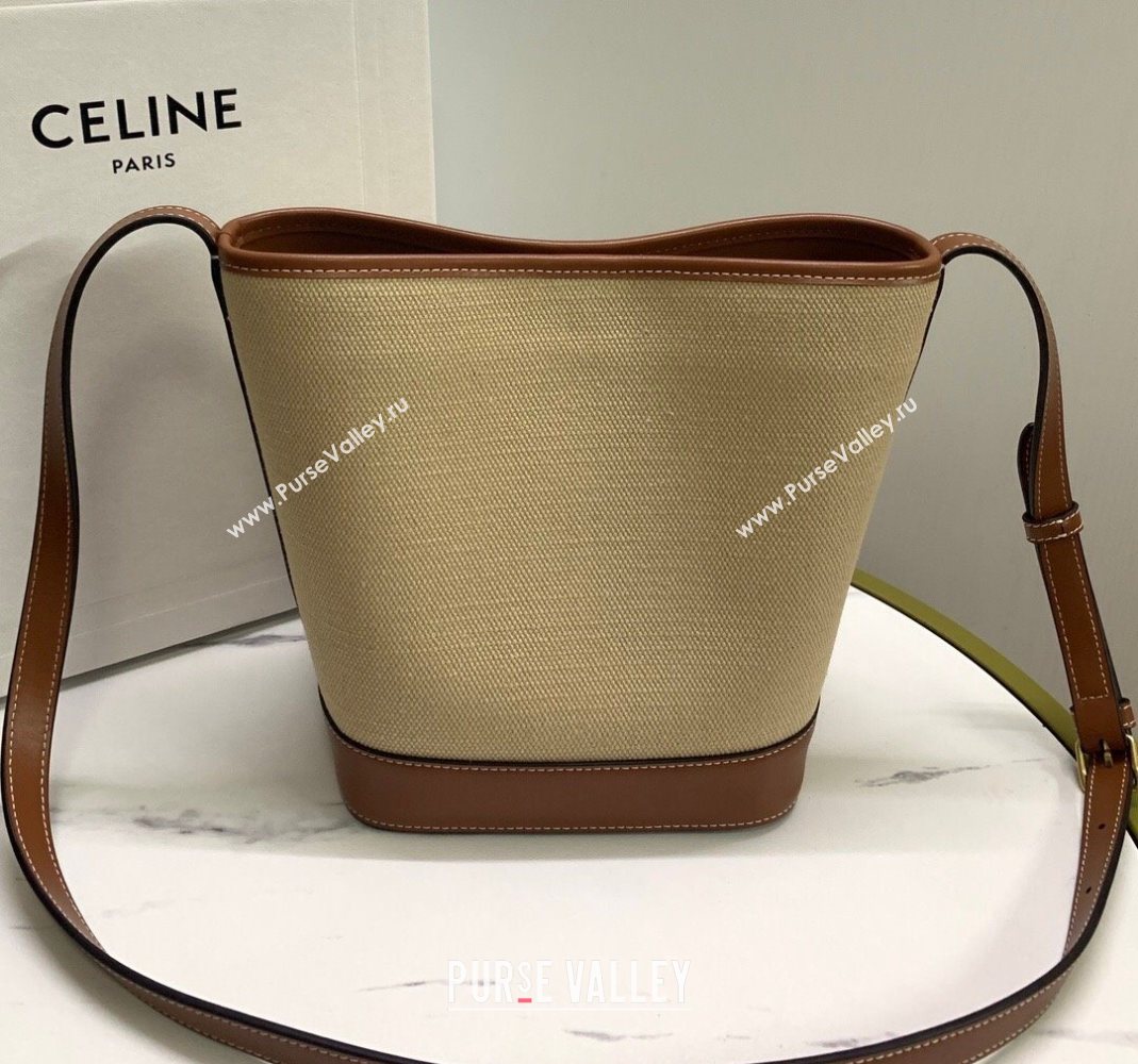 Celine Small Bucket Cuir Triomphe Bag in Textile and Calfskin 198242 Beige/Brown 2025 (BL-251124049)