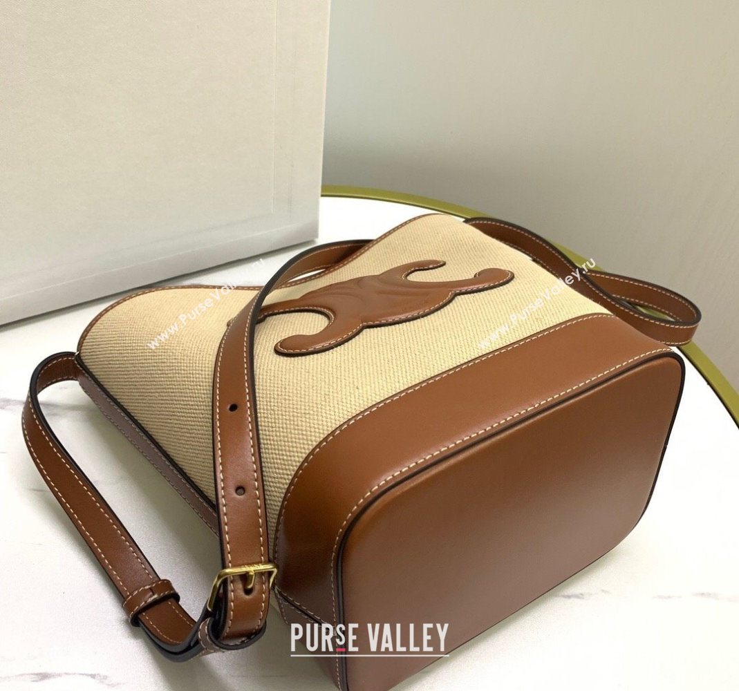 Celine Small Bucket Cuir Triomphe Bag in Textile and Calfskin 198242 Beige/Brown 2025 (BL-251124049)