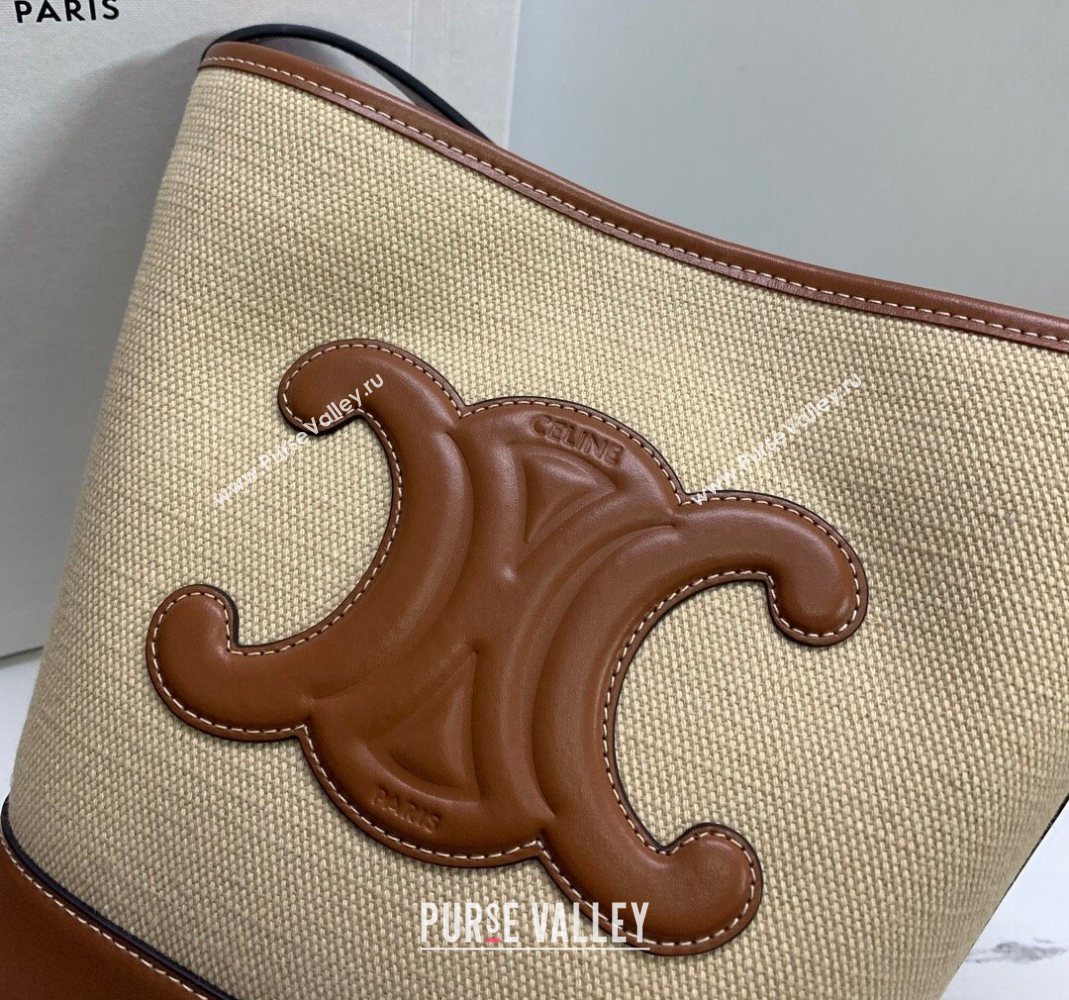 Celine Small Bucket Cuir Triomphe Bag in Textile and Calfskin 198242 Beige/Brown 2025 (BL-251124049)
