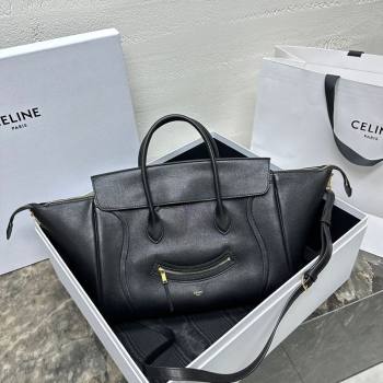 Celine Medium New Luggage Top Handle Bag in Supple Shiny Lambskin Leather Black 2025 123693 (BL-251124050)