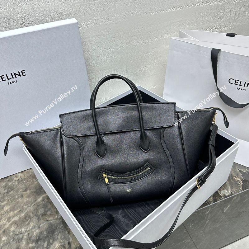 Celine Medium New Luggage Top Handle Bag in Supple Shiny Lambskin Leather Black 2025 123693 (BL-251124050)