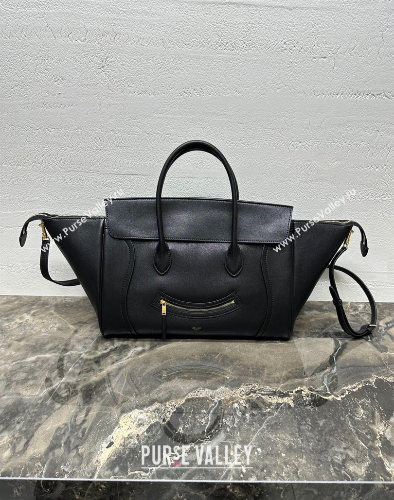 Celine Medium New Luggage Top Handle Bag in Supple Shiny Lambskin Leather Black 2025 123693 (BL-251124050)