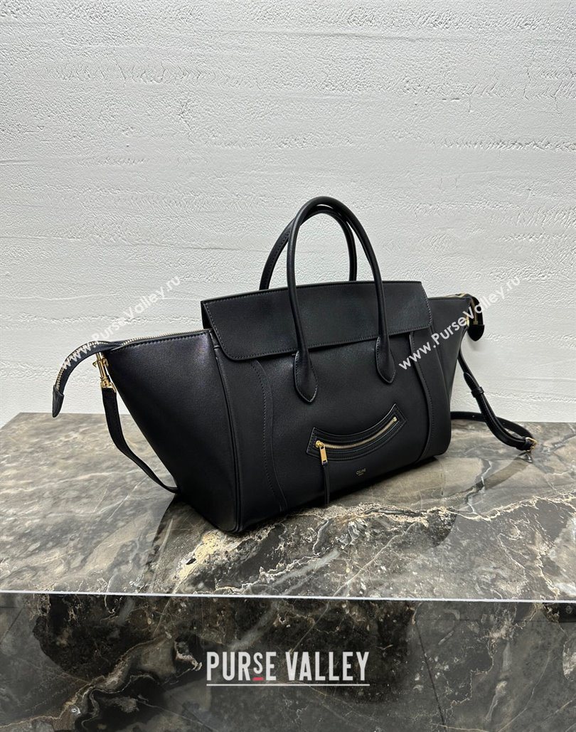Celine Medium New Luggage Top Handle Bag in Supple Shiny Lambskin Leather Black 2025 123693 (BL-251124050)
