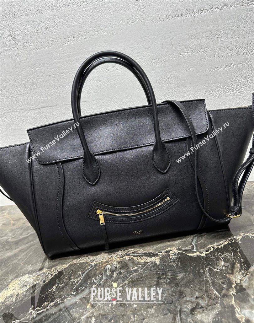 Celine Medium New Luggage Top Handle Bag in Supple Shiny Lambskin Leather Black 2025 123693 (BL-251124050)