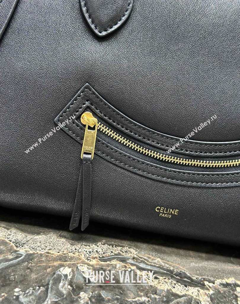 Celine Medium New Luggage Top Handle Bag in Supple Shiny Lambskin Leather Black 2025 123693 (BL-251124050)