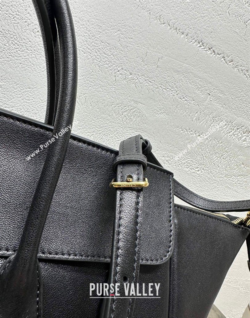 Celine Medium New Luggage Top Handle Bag in Supple Shiny Lambskin Leather Black 2025 123693 (BL-251124050)