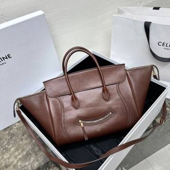 Celine Medium New Luggage Top Handle Bag in Supple Shiny Lambskin Leather Dark Brown 2025 123693 (BL-251124051)