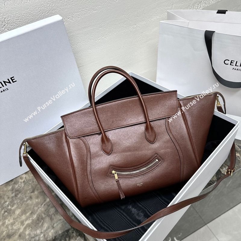 Celine Medium New Luggage Top Handle Bag in Supple Shiny Lambskin Leather Dark Brown 2025 123693 (BL-251124051)
