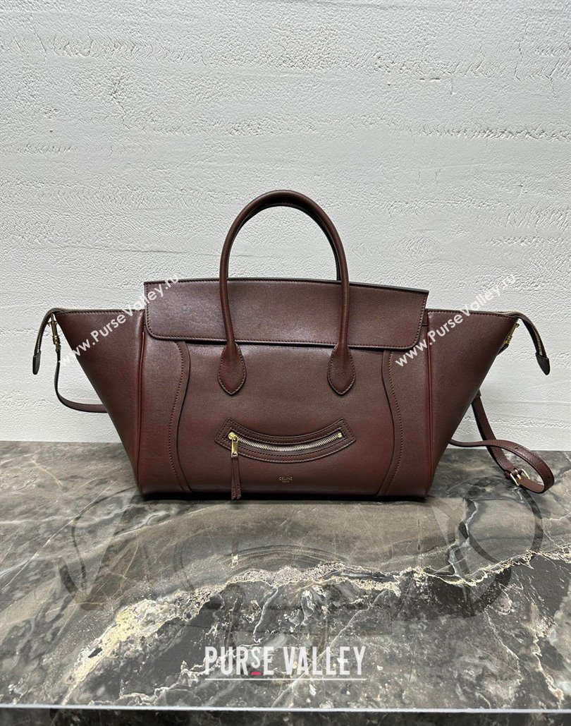 Celine Medium New Luggage Top Handle Bag in Supple Shiny Lambskin Leather Dark Brown 2025 123693 (BL-251124051)