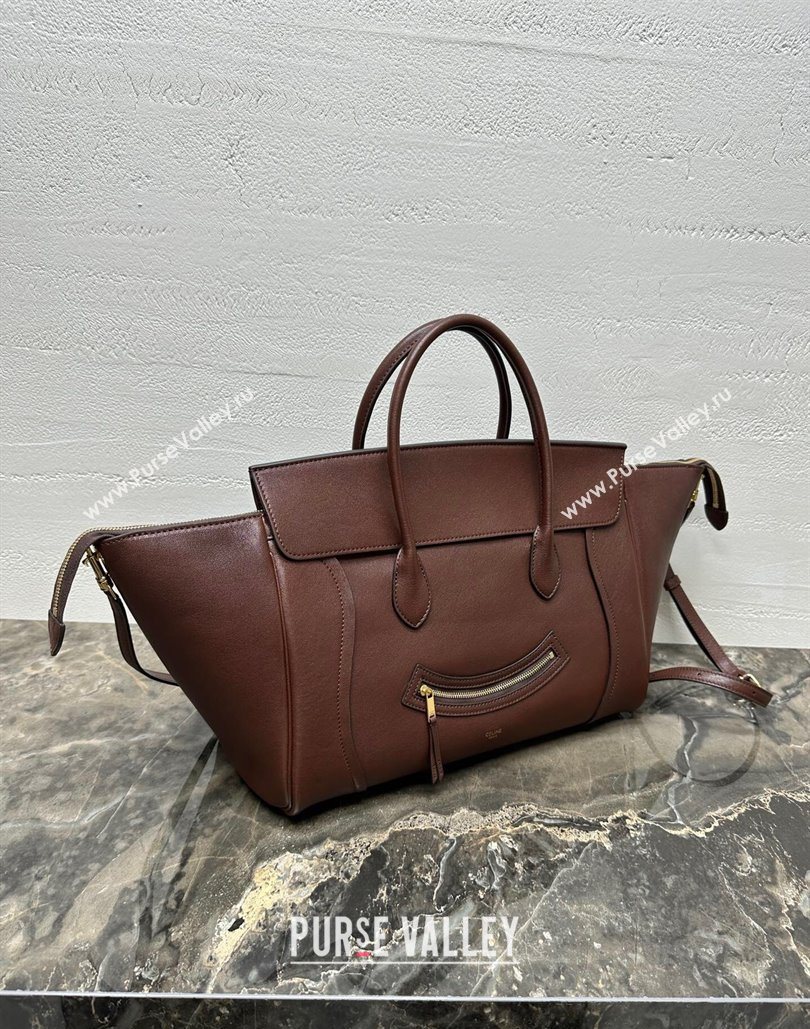 Celine Medium New Luggage Top Handle Bag in Supple Shiny Lambskin Leather Dark Brown 2025 123693 (BL-251124051)