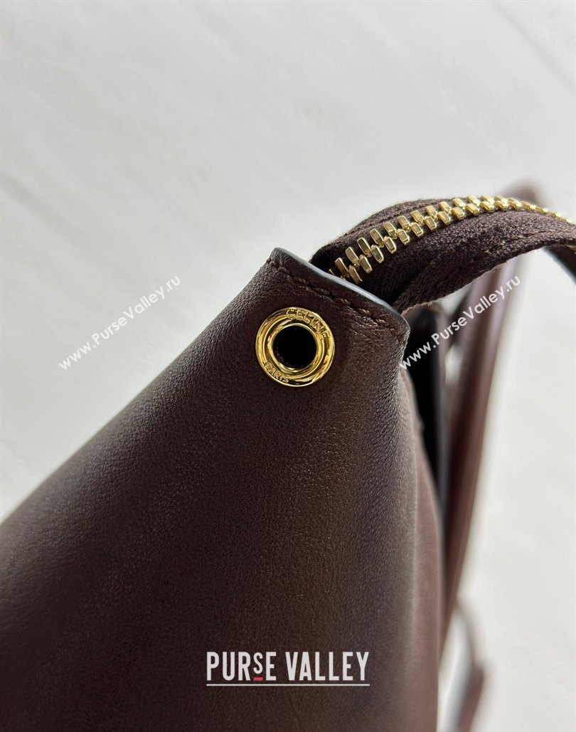 Celine Medium New Luggage Top Handle Bag in Supple Shiny Lambskin Leather Dark Brown 2025 123693 (BL-251124051)