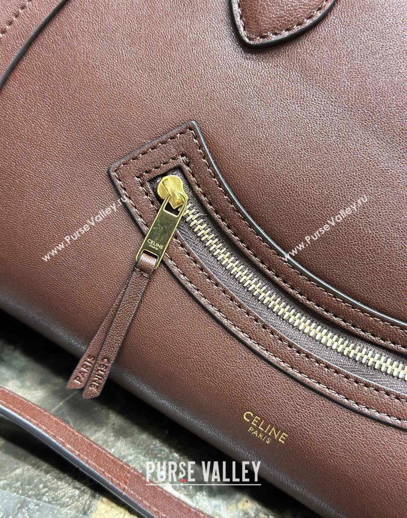 Celine Medium New Luggage Top Handle Bag in Supple Shiny Lambskin Leather Dark Brown 2025 123693 (BL-251124051)