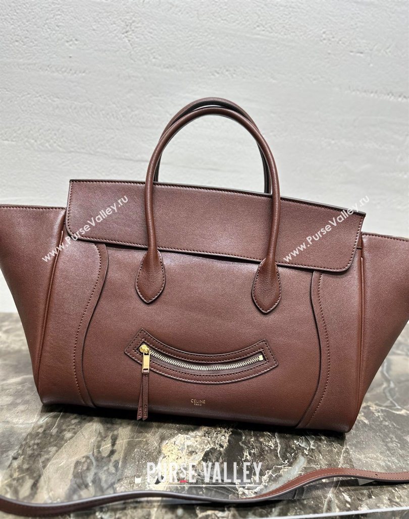 Celine Medium New Luggage Top Handle Bag in Supple Shiny Lambskin Leather Dark Brown 2025 123693 (BL-251124051)