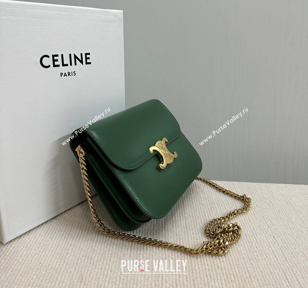Celine College Triomphe Chain Bag in Calfskin Leather Forest Green 2025 113583 (BL-251124038)