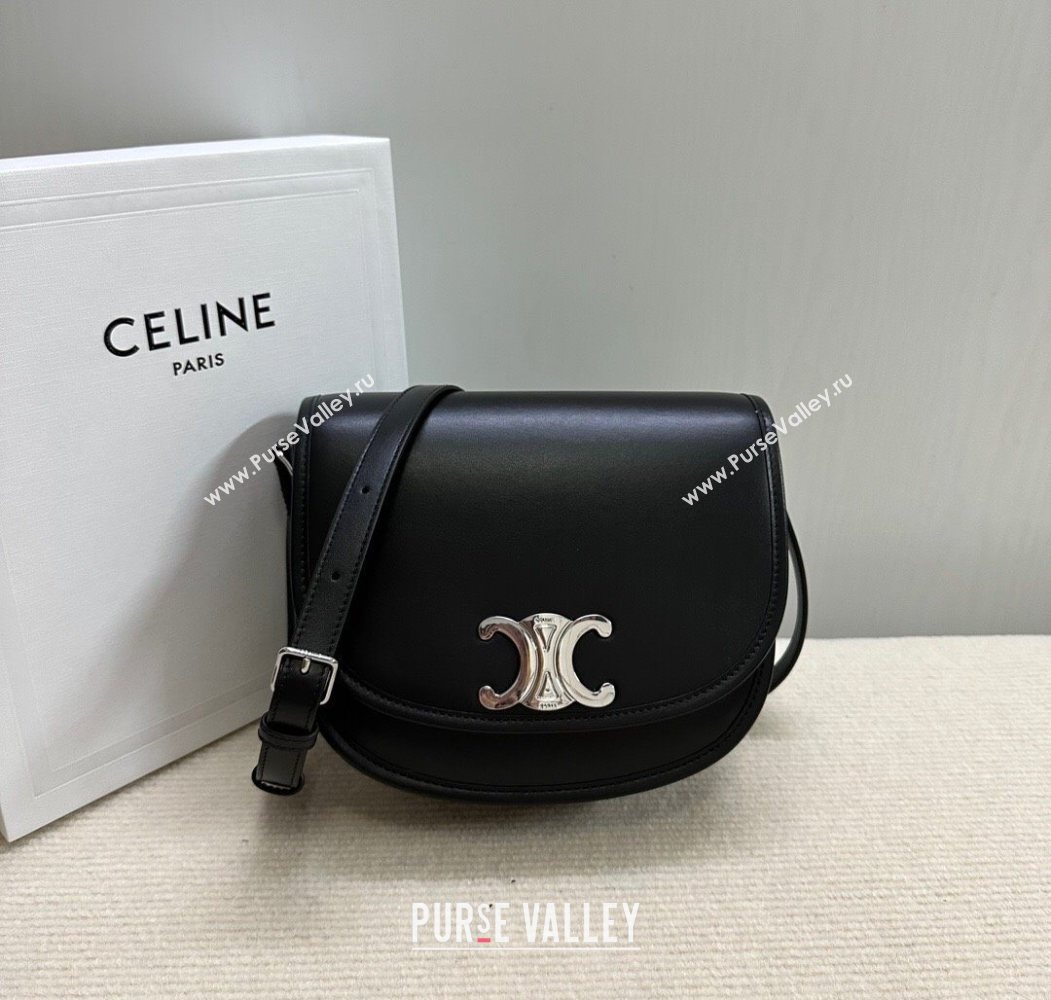 Celine Medium Besace Triomphe Shoulder Bag in Supple Calfskin Leather Black/Silver 2025 114453 (BL-251124042)