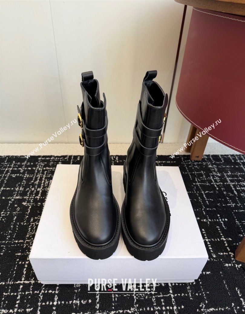 Celine Bulky Black Calfskin Leather Ankle Boots 4.5cm with Double Buckle 2025 CE1209022 (SS-251209062)