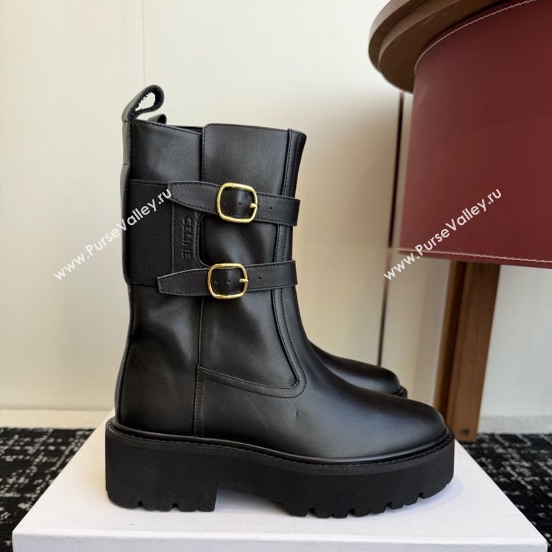 Celine Bulky Black Calfskin Leather Ankle Boots 4.5cm with Double Buckle 2025 CE1209022 (SS-251209062)