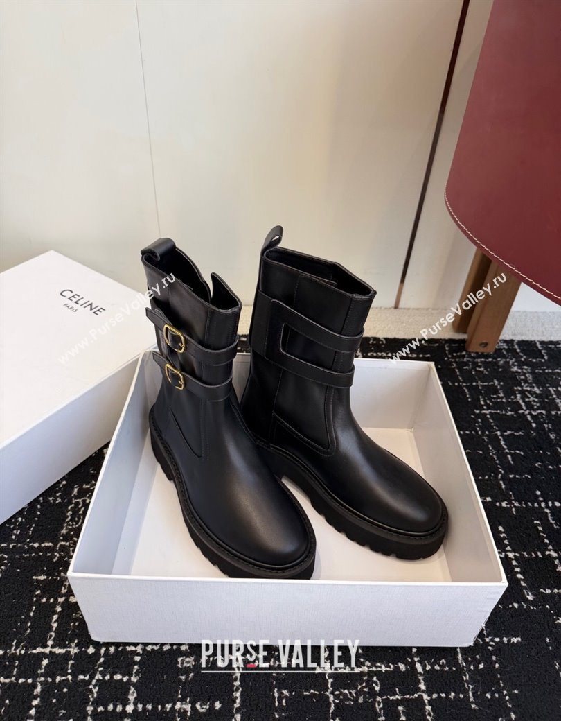 Celine Bulky Black Calfskin Leather Ankle Boots 4.5cm with Double Buckle 2025 CE1209022 (SS-251209062)