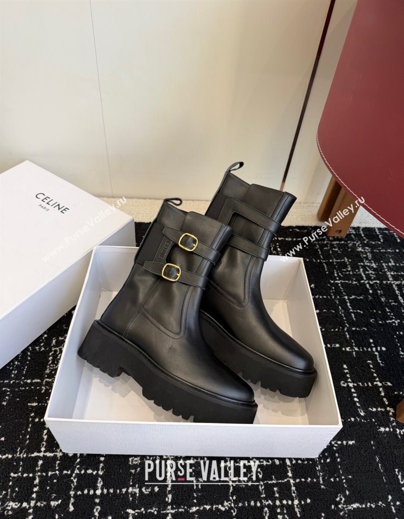 Celine Bulky Black Calfskin Leather Ankle Boots 4.5cm with Double Buckle 2025 CE1209022 (SS-251209062)