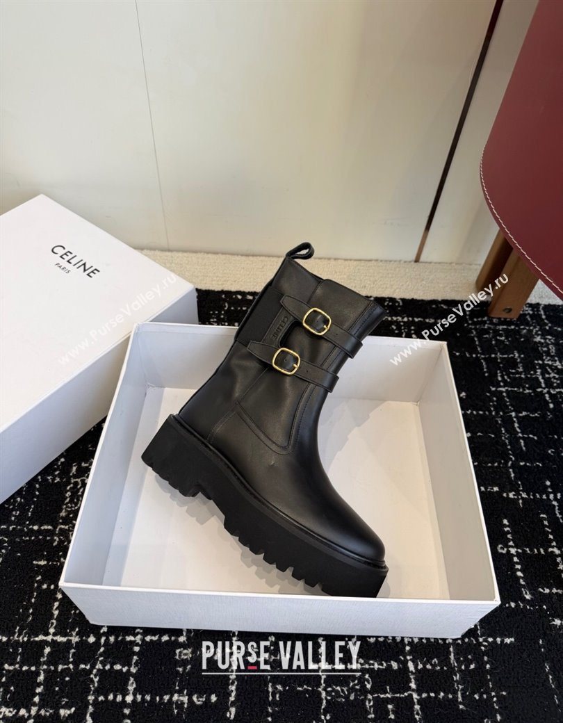 Celine Bulky Black Calfskin Leather Ankle Boots 4.5cm with Double Buckle 2025 CE1209022 (SS-251209062)