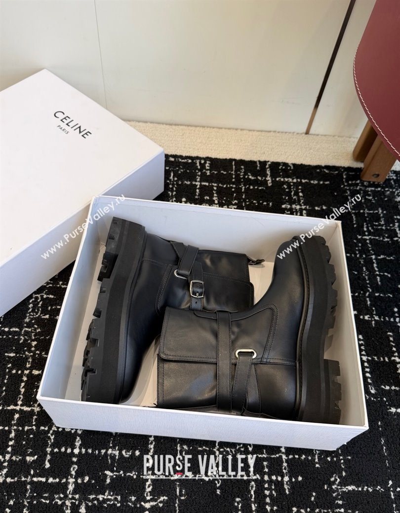 Celine Black Calfskin Leather Ankle Boots 4.5cm with Buckle 2025 CE1209024 (SS-251209064)