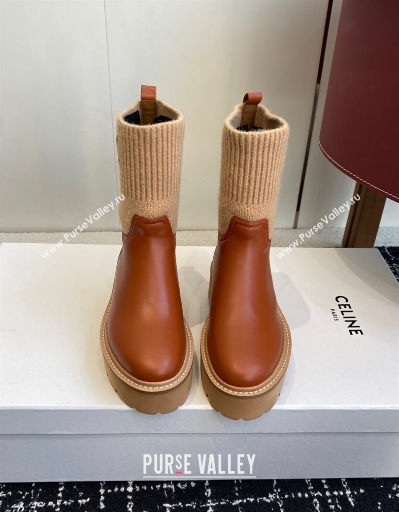 Celine Calfskin Leather and Knit Ankle Boots 4.5cm Brown 2025 CE082605 (SS-251209069)
