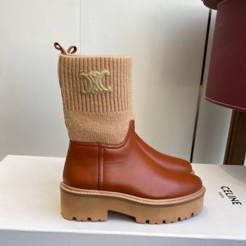 Celine Calfskin Leather and Knit Ankle Boots 4.5cm Brown 2025 CE082605 (SS-251209069)