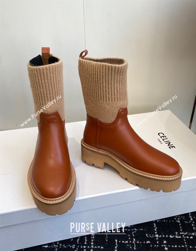 Celine Calfskin Leather and Knit Ankle Boots 4.5cm Brown 2025 CE082605 (SS-251209069)