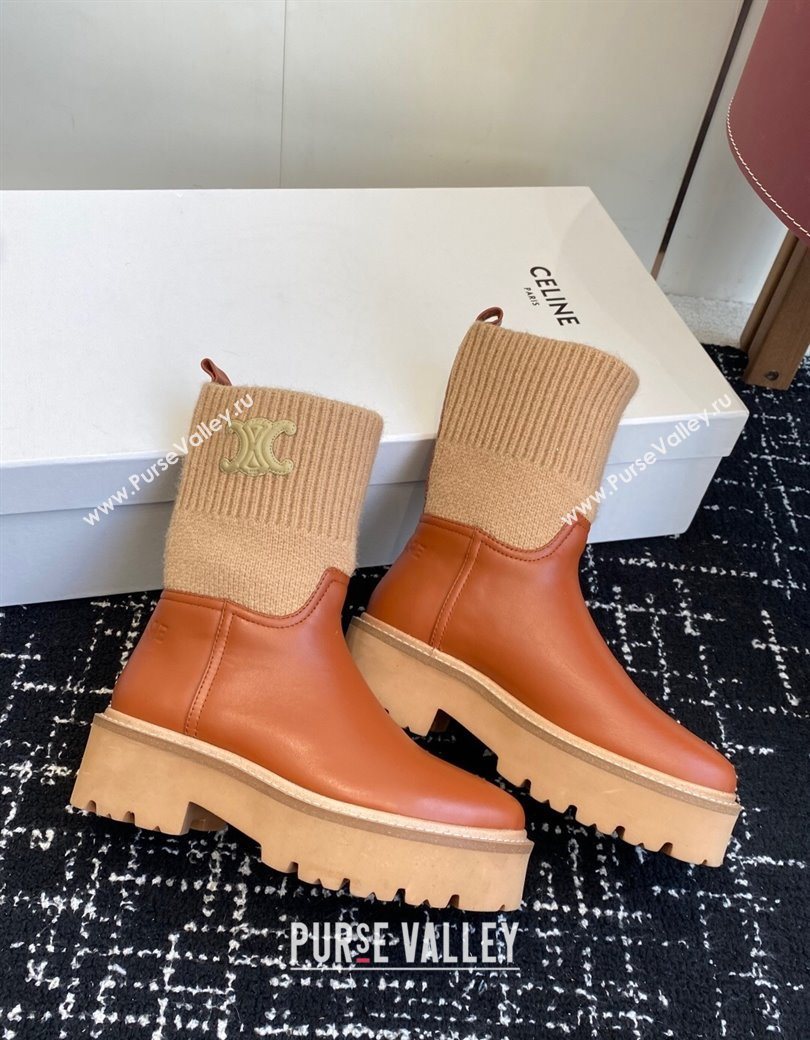 Celine Calfskin Leather and Knit Ankle Boots 4.5cm Brown 2025 CE082605 (SS-251209069)