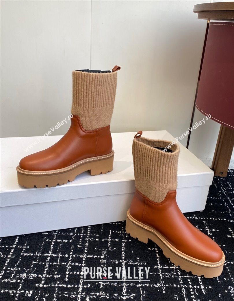 Celine Calfskin Leather and Knit Ankle Boots 4.5cm Brown 2025 CE082605 (SS-251209069)