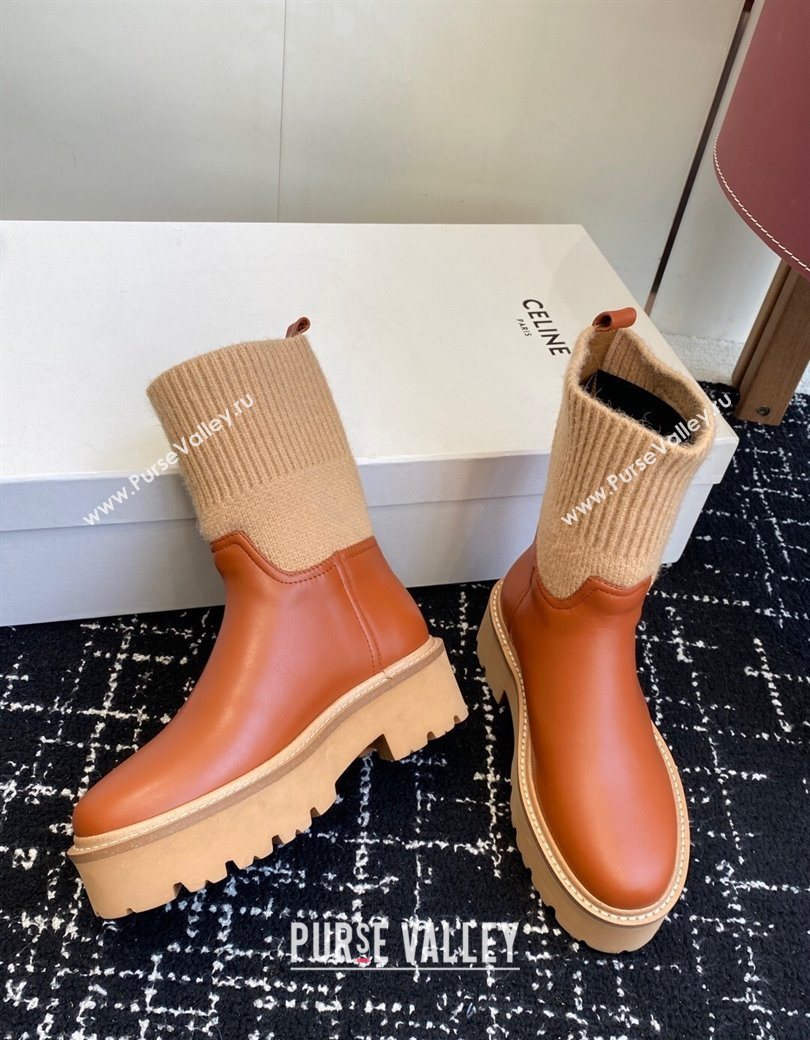 Celine Calfskin Leather and Knit Ankle Boots 4.5cm Brown 2025 CE082605 (SS-251209069)