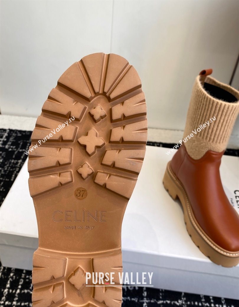 Celine Calfskin Leather and Knit Ankle Boots 4.5cm Brown 2025 CE082605 (SS-251209069)
