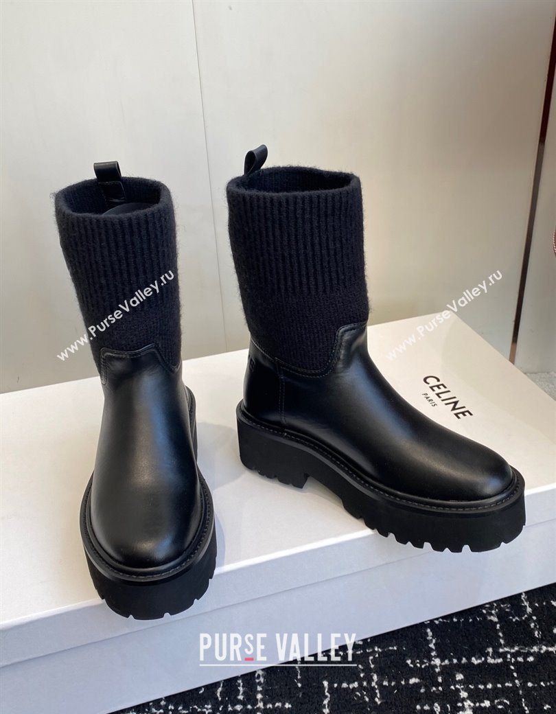 Celine Calfskin Leather and Knit Ankle Boots 4.5cm Black 2025 CE082605 (SS-251209070)