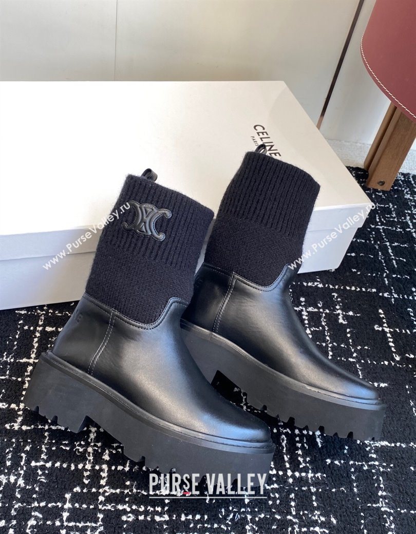Celine Calfskin Leather and Knit Ankle Boots 4.5cm Black 2025 CE082605 (SS-251209070)