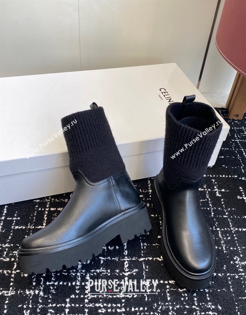 Celine Calfskin Leather and Knit Ankle Boots 4.5cm Black 2025 CE082605 (SS-251209070)