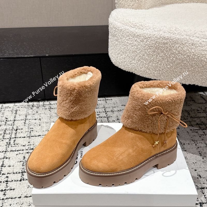 Celine Suede and Shealing Ankle Boots with Bow Brown 2025 CE120901 (MD-251209059)