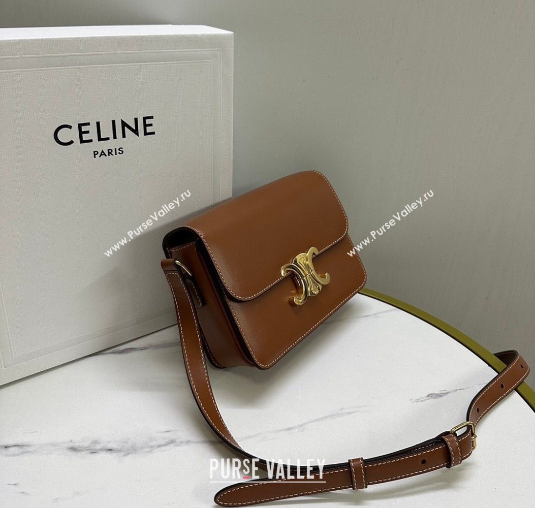 Celine Teen Triomphe Mini Bag in Shiny Calfskin Leather 188423 Tan Brown 2026 (BL-260121028)