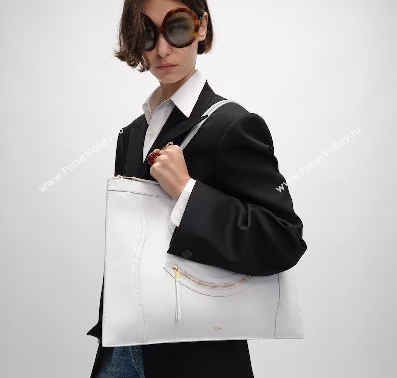 Celine Flat Cabas New Luggage Bag in Glossy Calfskin Leather White 2026 123963 (BL-260121007)