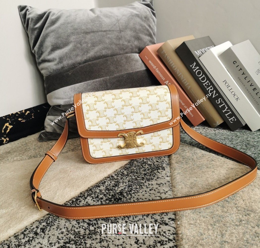 Celine Classique Triomphe Bag in Canvas and Calfskin Leather 187366 White 2026 (BL-260121053)